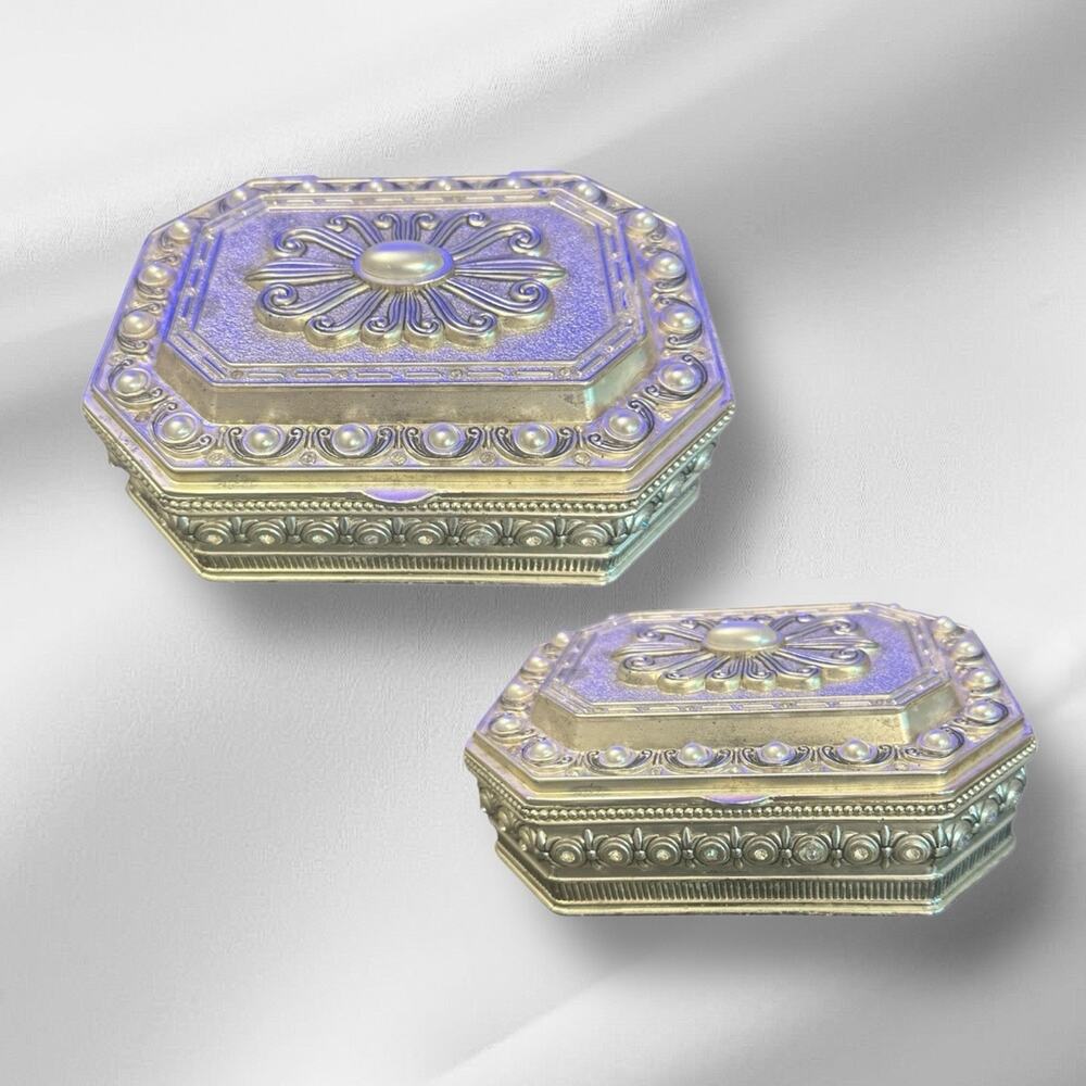 VTG GODINGER Bling Jewelry Casket Trinket Box Faux Pearl Rhinestones Velvet Gift